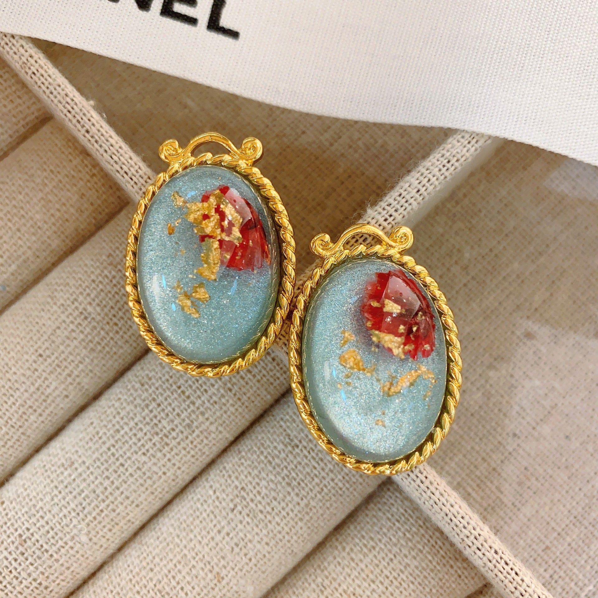Blue Jelly & Red Rose Earrings – Vintage Oval Drop