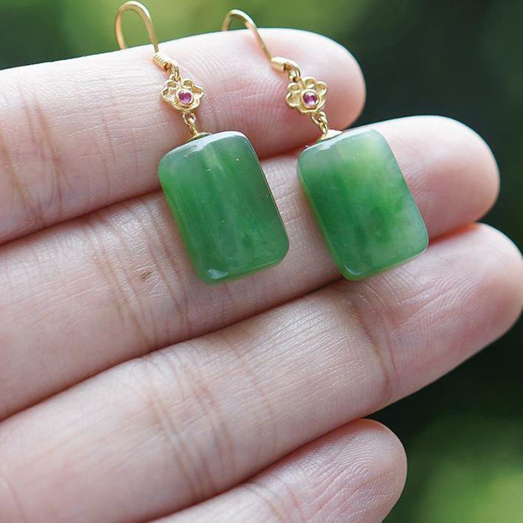 Gold Jade Rectangle Drop Earrings – Auspicious Jasper Hanfu Ear Hooks for Women