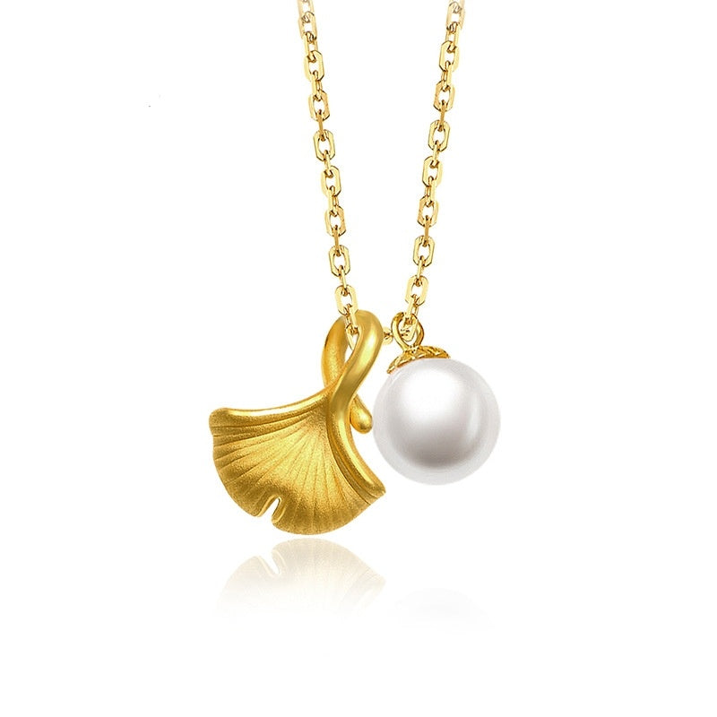 999 Pure Gold Ginkgo Leaf & Pearl Necklace