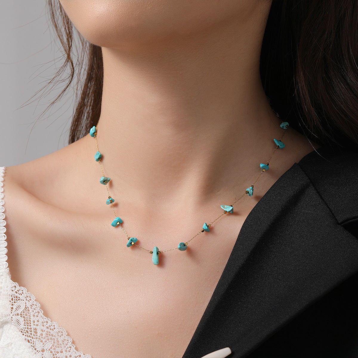 Natural Turquoise Gold-Tone Necklace — Titanium Steel O-Link Chain