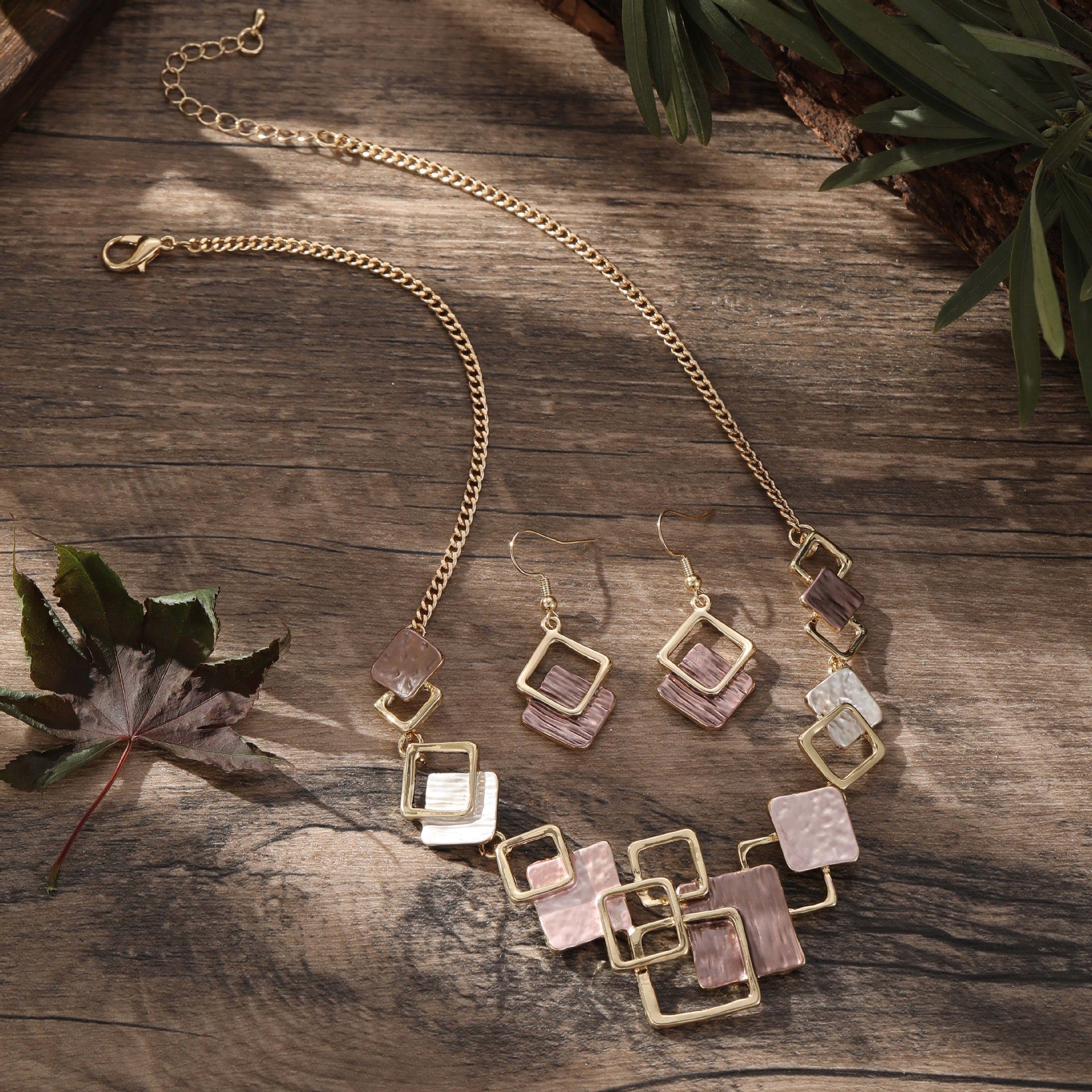 Geometric Square Color Oil Jewelry Set – Earrings, Bracelet & Necklace, Original Design