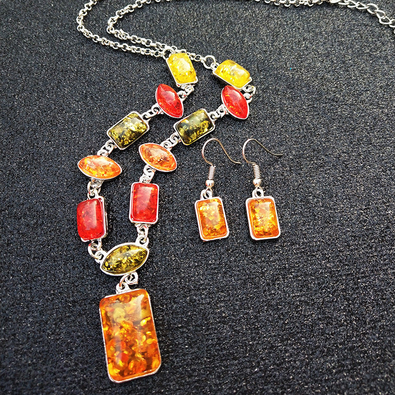 Imitation Amber Jewelry Set – Earrings & Necklace, Gem-Inlaid, European Style, Women's