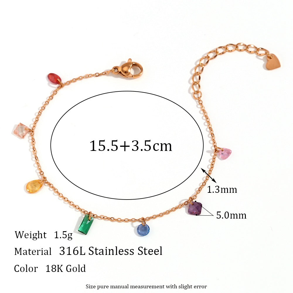 Color Zircon Charm Jewelry – 18K Gold Stainless Steel, Necklace, Bracelet & Anklet, Women's