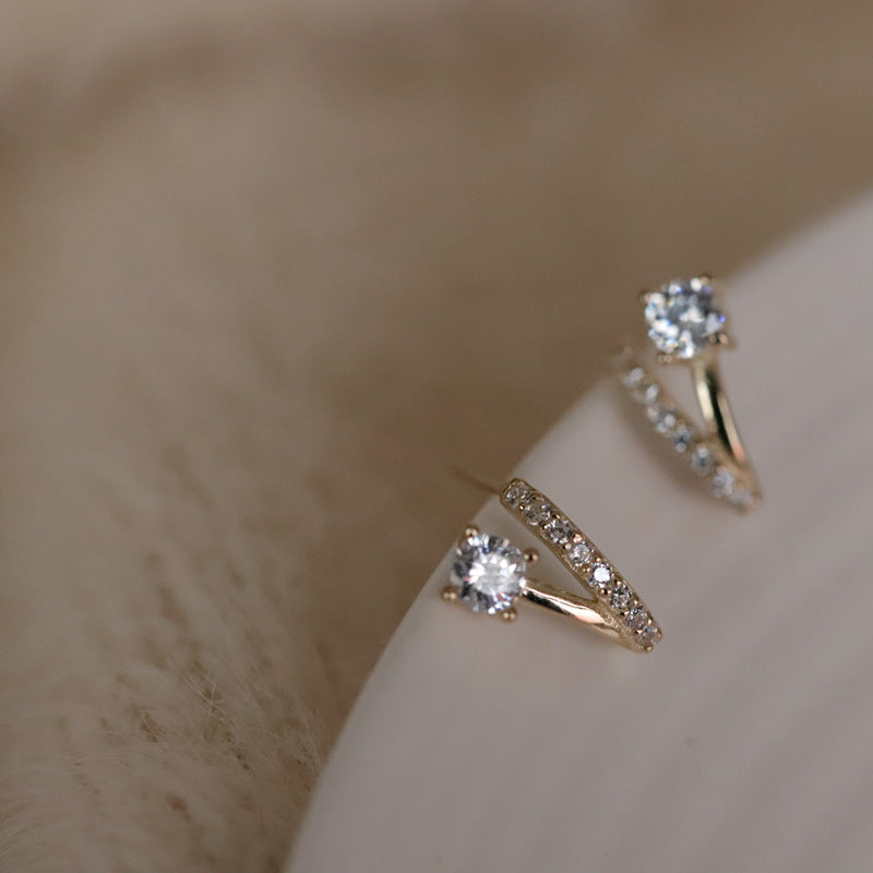 Geometric Diamond Stud Earrings – 925 Silver, Gold, Women's Daily Wear
