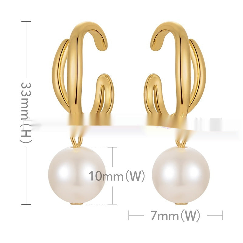 C-Shaped Pearl Drop Earrings – Geometric Gold Brass Statement Piece