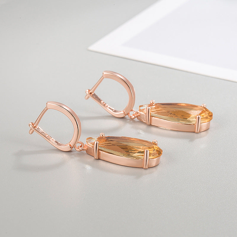 Champagne Gold Teardrop Crystal Drop Earrings – Electroplated Copper Water Droplet Luxury Jewelry for Women