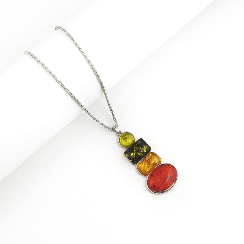 Amber Beeswax Geometric Ellipse Necklace & Earring Set – Inlaid Gem Snake Chain Luxury Jewelry for Women