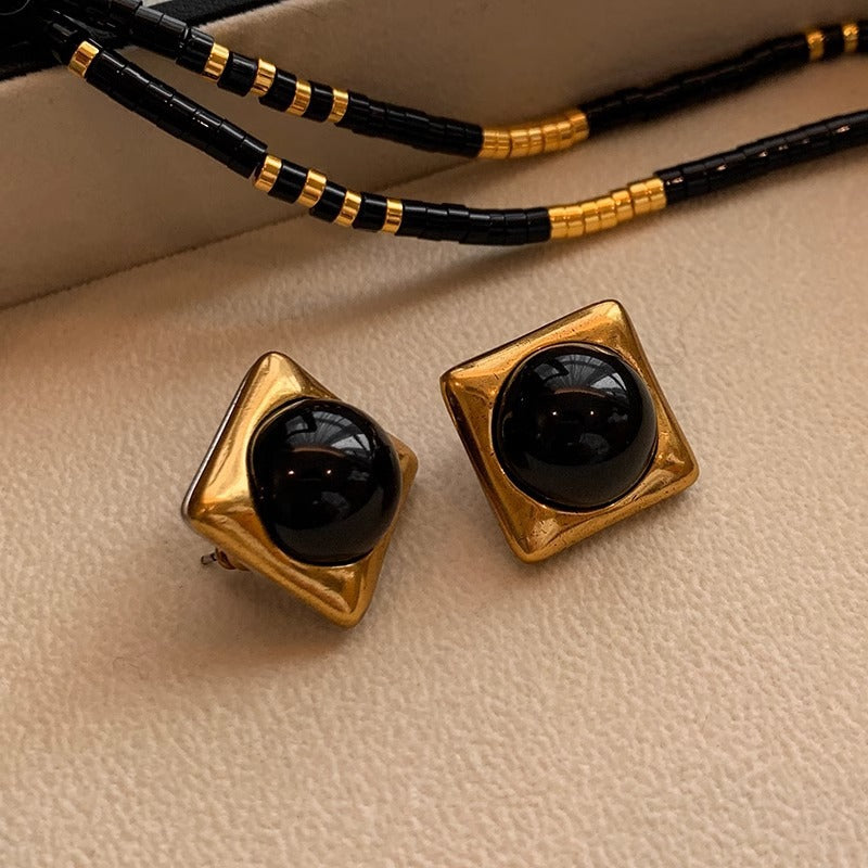 Square Black Agate & Gold Geometric Stud Earrings – Ancient-Inspired Luxury Jewelry for Women