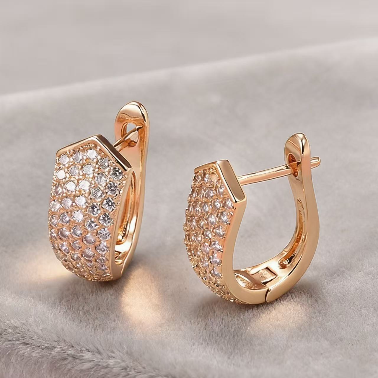 Champagne Gold Hexagonal Zircon Huggie Earrings – Diamond Inlay Copper Light Luxury Jewelry for Women