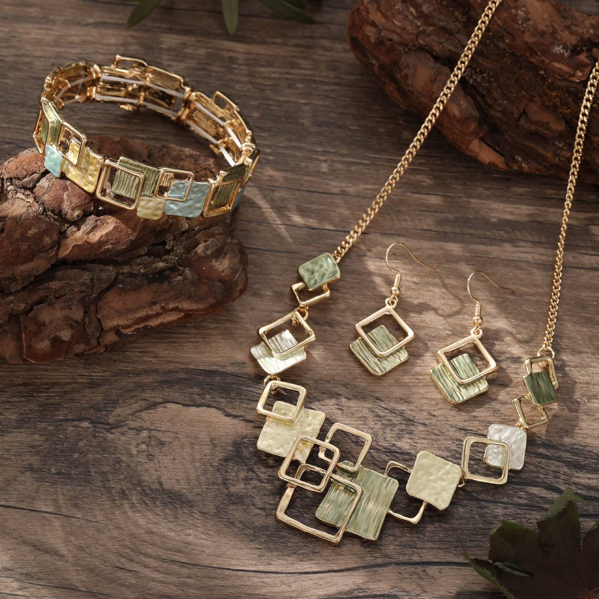 Geometric Square Color Oil Jewelry Set – Earrings, Bracelet & Necklace, Original Design