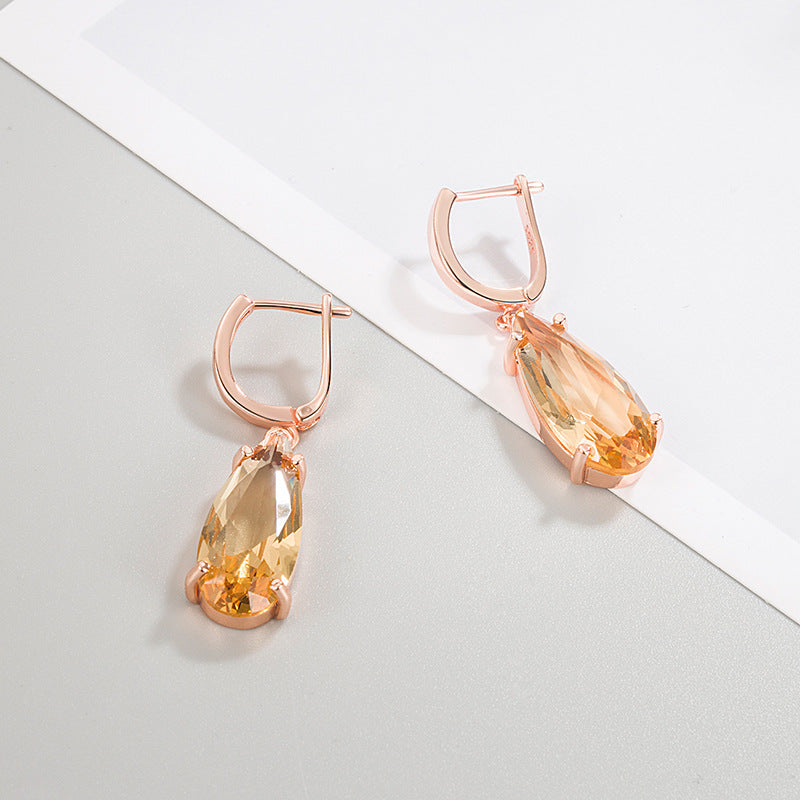 Champagne Gold Teardrop Crystal Drop Earrings – Electroplated Copper Water Droplet Luxury Jewelry for Women
