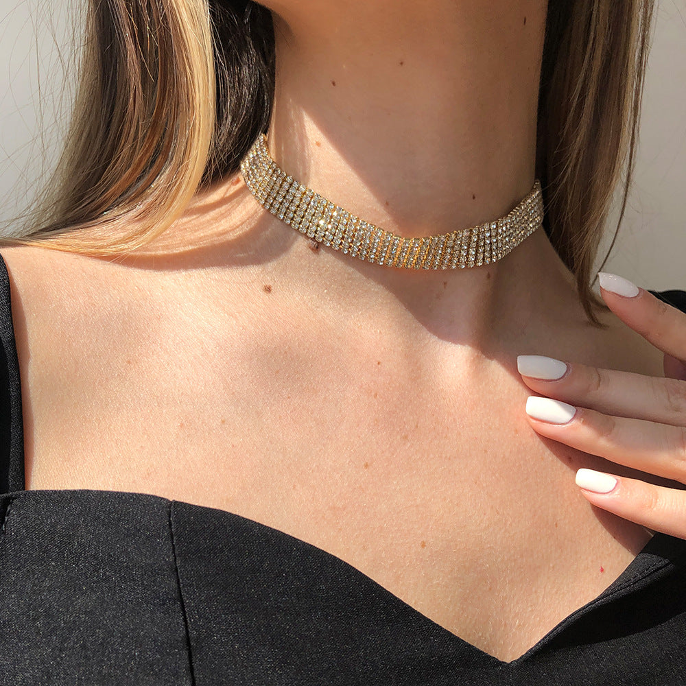 Multi-Row Rhinestone Choker Necklace – Gold & Silver