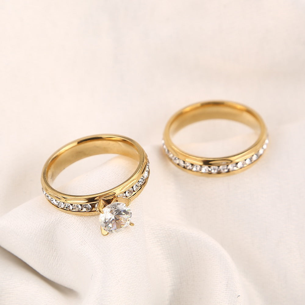 Gold Zircon Wedding & Engagement Ring Set – Couple Pair
