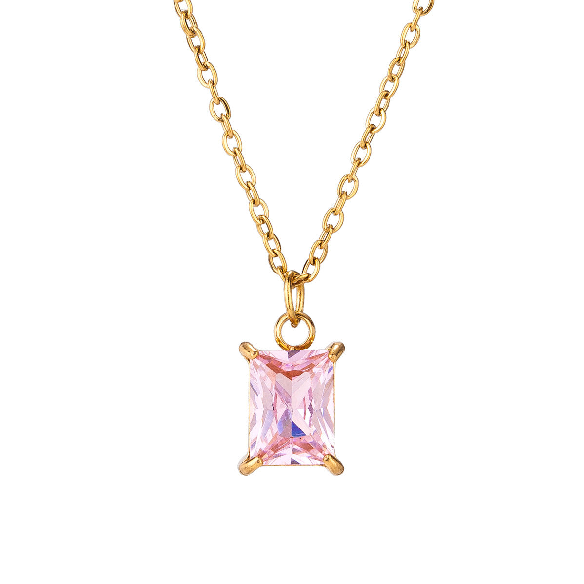 Square Gem Pendant Necklace – 18K Gold, Stainless Steel, O-Ring Chain, Unisex