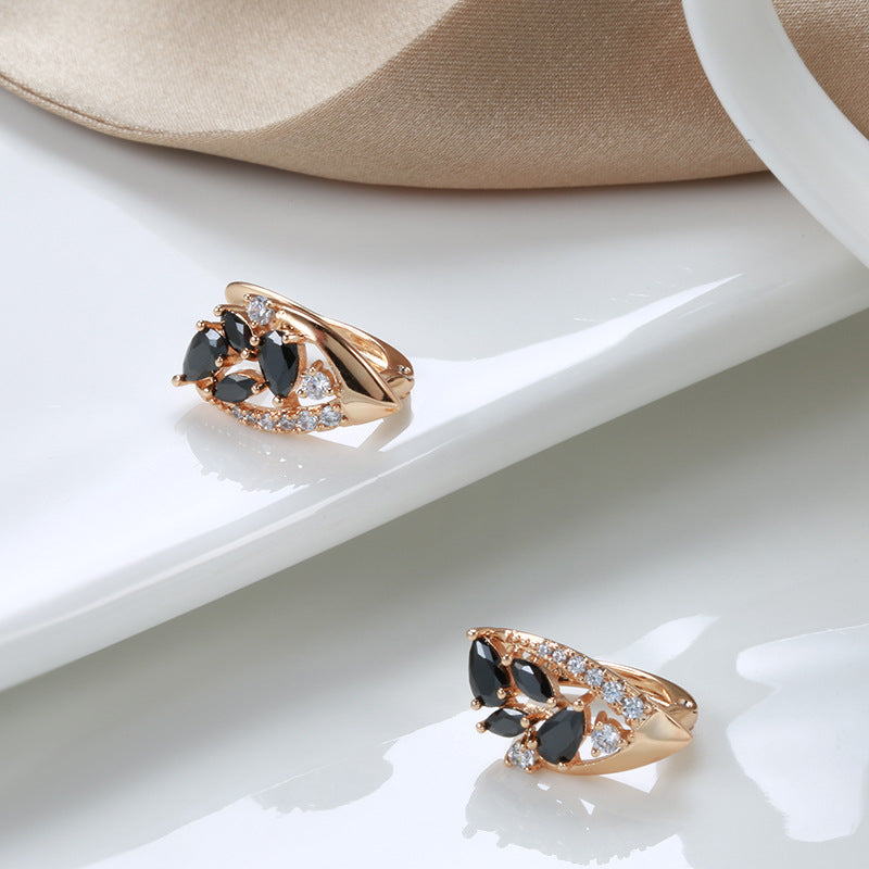 Rose Gold Black Agate Flower Drop Earrings – S585 Copper Geometric Luxury Jewelry for Women