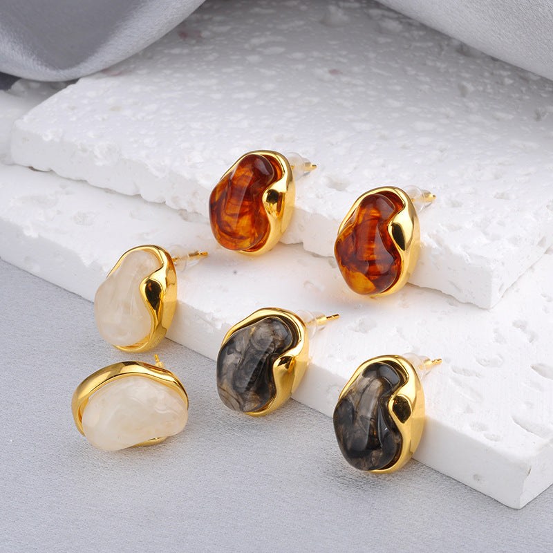Vintage Amber Geometric Stud Earrings – 18K Gold Electroplated Copper Luxury Jewelry for Women