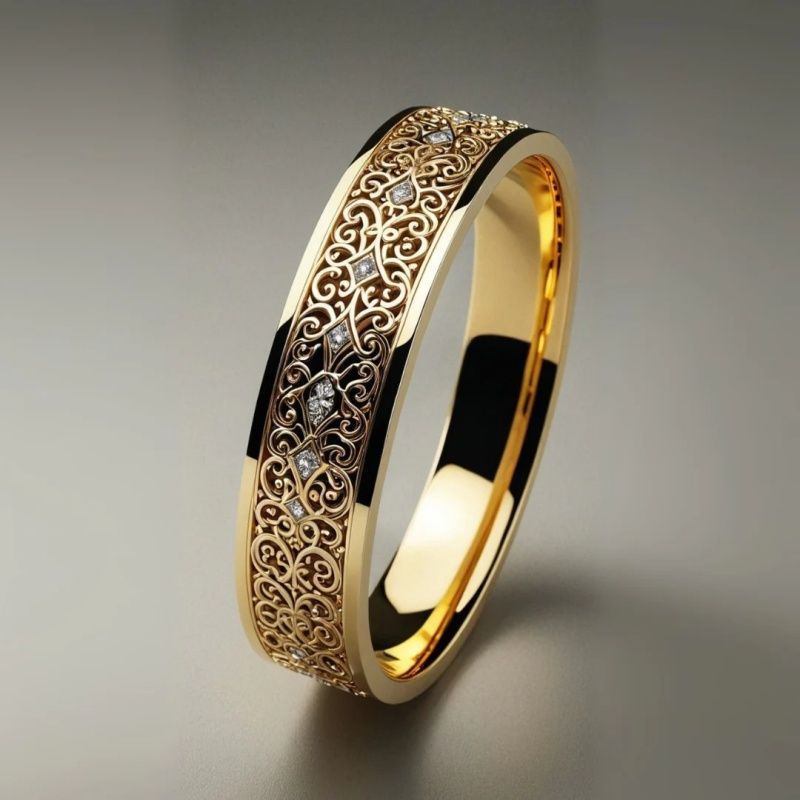 Luxury Carved Zirconium Ring – Intricate Pattern Gold Band