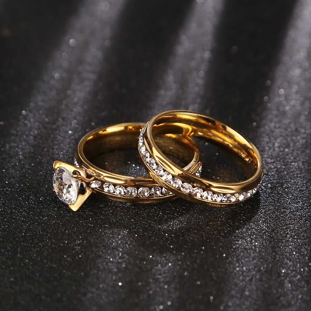Gold Zircon Wedding & Engagement Ring Set – Couple Pair