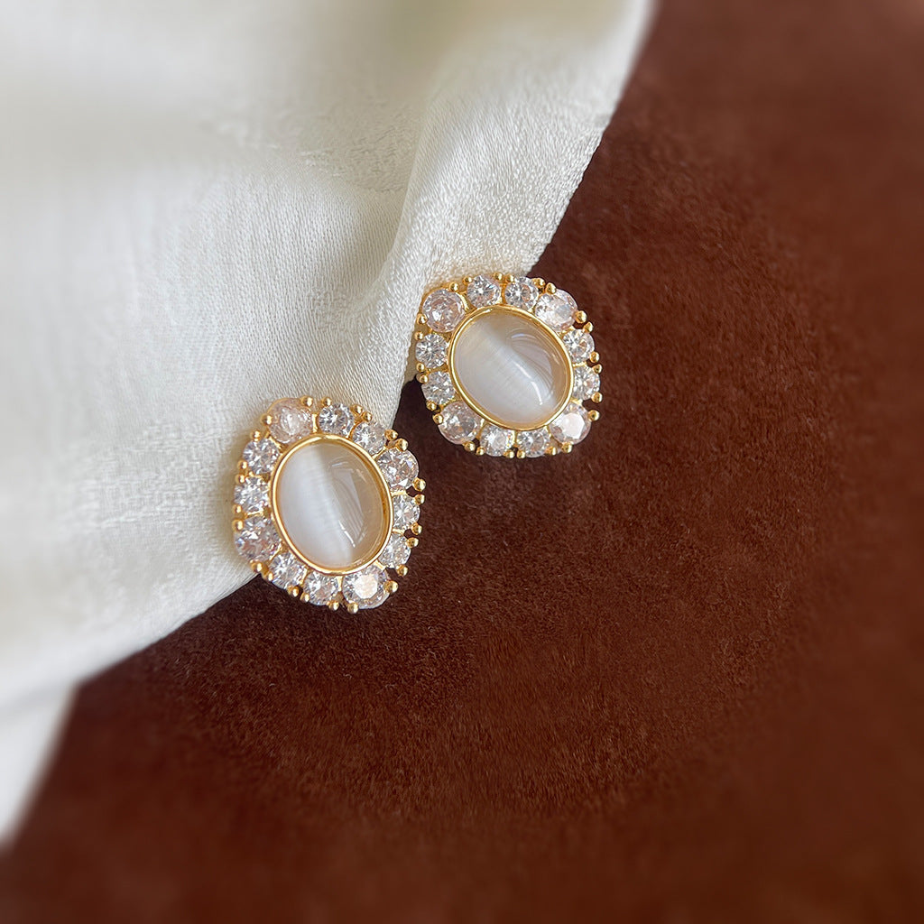 Gold Glass Opal Oval Ear Clips – Micro Inlay CZ Affordable Luxury Earrings for Women