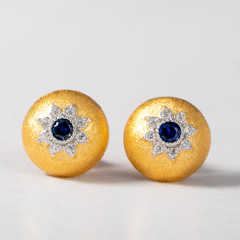 Vintage Gold Ruby Zircon Dome Stud Earrings – Two-Tone Electroplated Silver Luxury Jewelry for Women