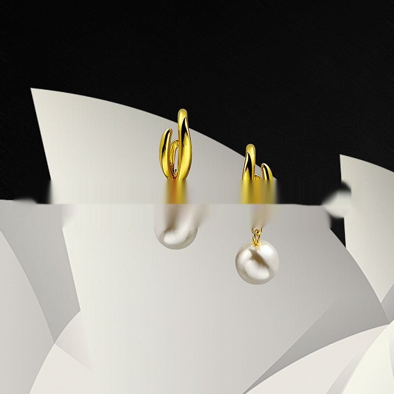 C-Shaped Pearl Drop Earrings – Geometric Gold Brass Statement Piece