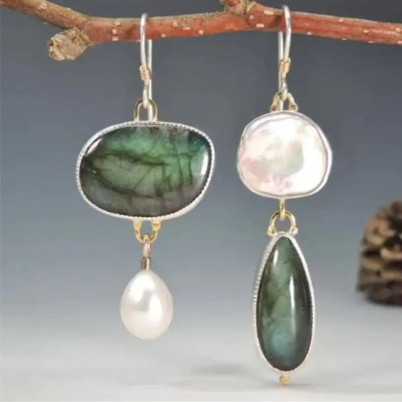 Irregular Amber Pearl Drop Earrings – Retro Geometric Silver