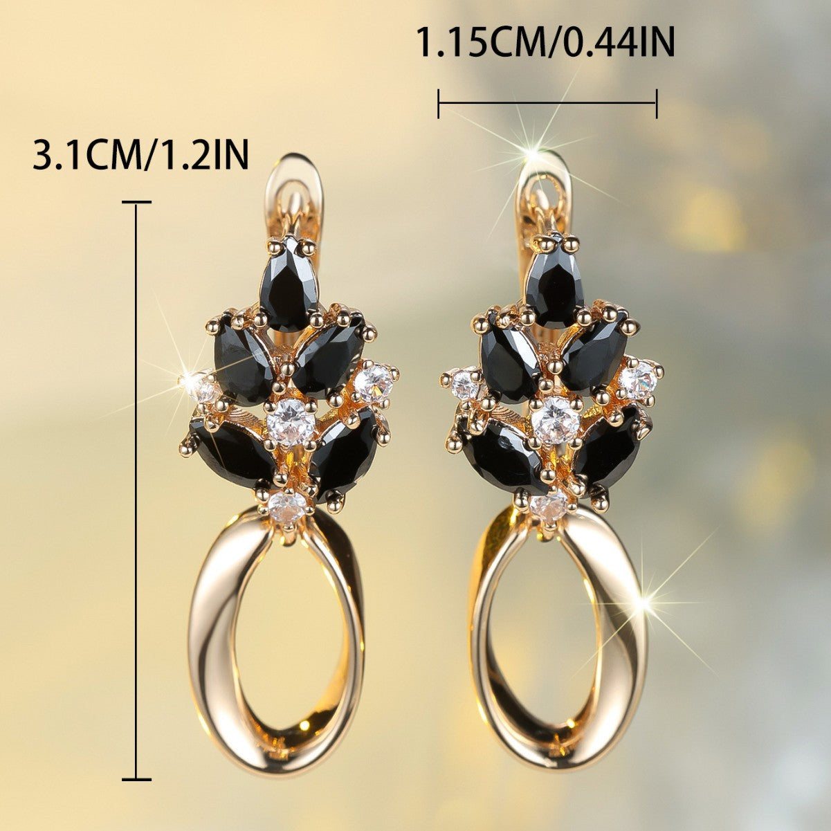 Champagne Gold Black Crystal Oval Ear Clips – Electroplated Copper Drop Earrings