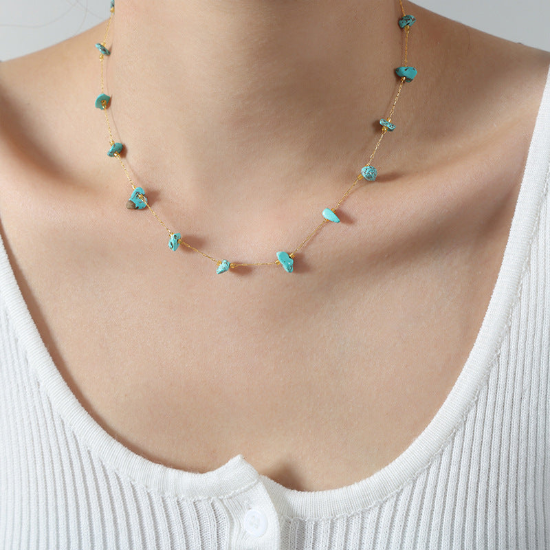 Natural Turquoise Gold-Tone Necklace — Titanium Steel O-Link Chain