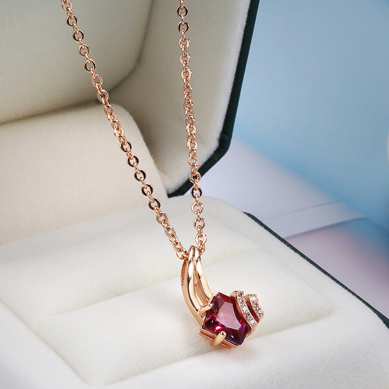 Rose Gold Zircon Water Wave Necklace – Copper, Geometric, Niche Design, Women's