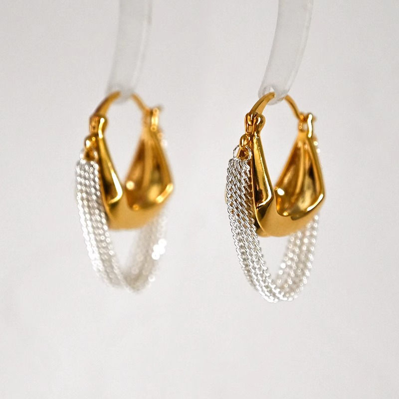 Gold & Silver Chain Tassel Hoop Earrings – Electroplated Alloy Contrast-Color Luxury Jewelry for Women