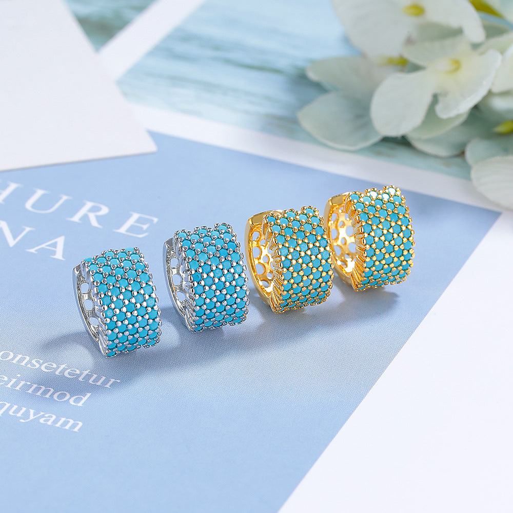 Turquoise Zircon Wide Band Hoop Earrings – Gold & Silver Electroplated Copper Luxury Jewelry for Women