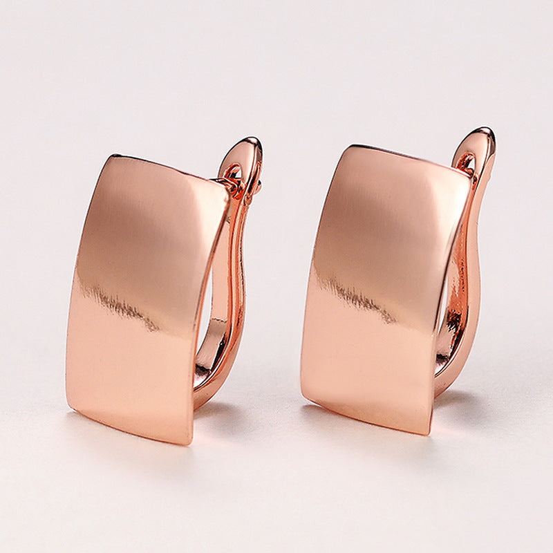 Rose Gold Rectangular Ear Clips – Geometric Copper Huggie Earrings for Women