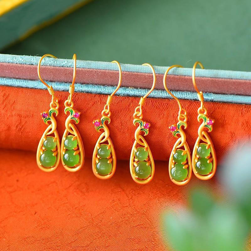 Gold Enamel Lucky Bean Drop Earrings – S925 Sterling Silver Ethnic Style Luxury Jewelry for Women