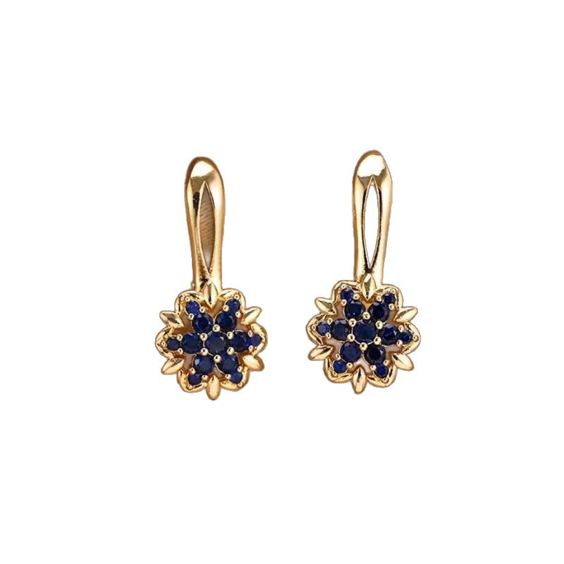 Gold Sapphire Sunflower Drop Earrings – Micro-Inlay Copper Petal Luxury Jewelry for Women