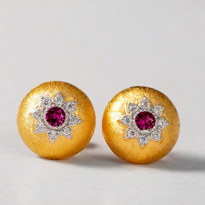 Vintage Gold Ruby Zircon Dome Stud Earrings – Two-Tone Electroplated Silver Luxury Jewelry for Women