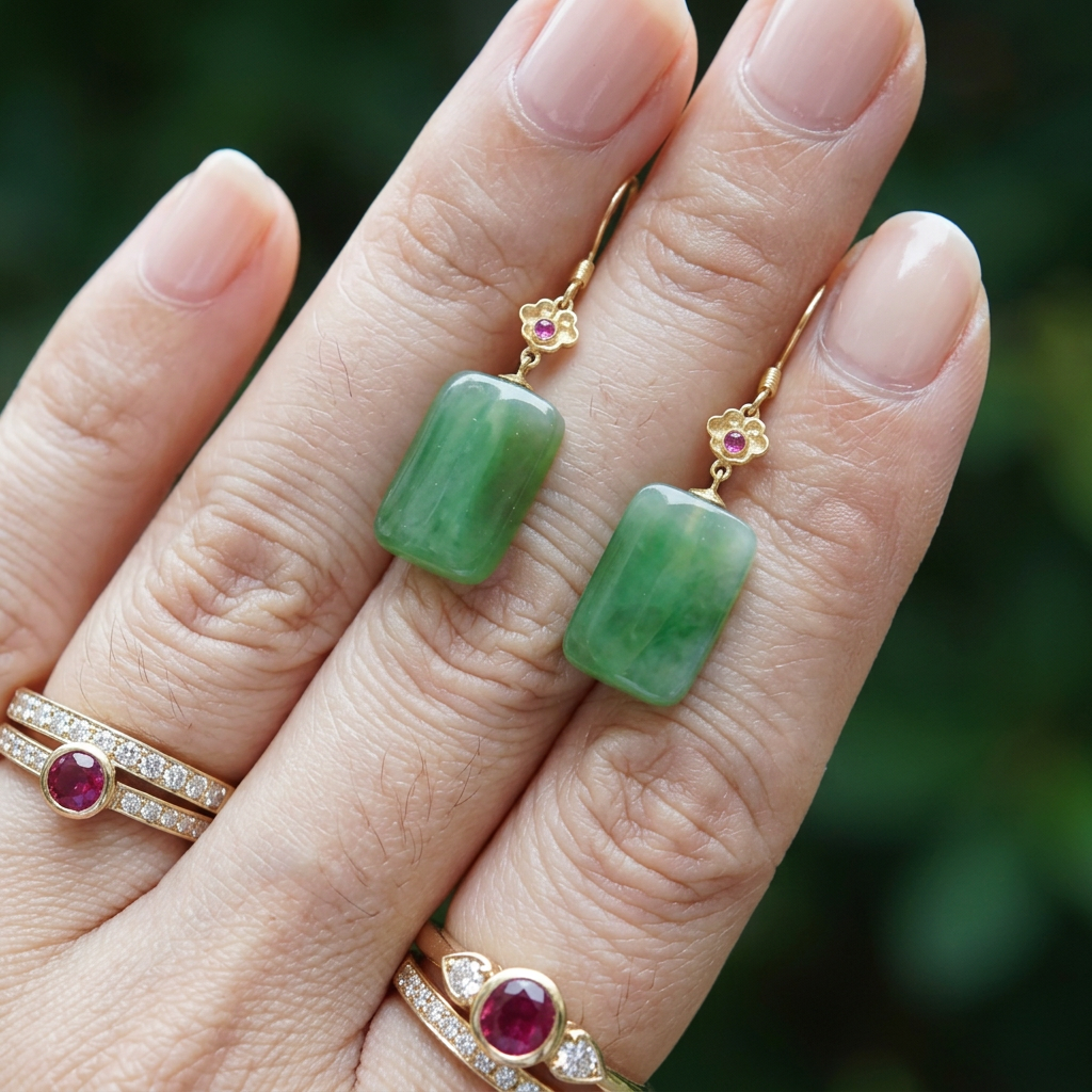 Brincos verdes na mão de uma mulher com anéis de ouro, diamantes e rubis