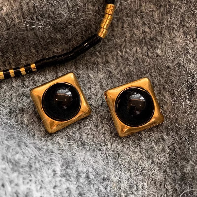 Square Black Agate & Gold Geometric Stud Earrings – Ancient-Inspired Luxury Jewelry for Women