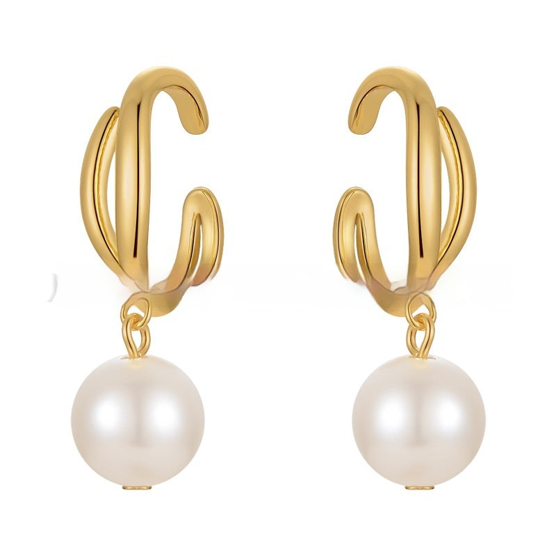 C-Shaped Pearl Drop Earrings – Geometric Gold Brass Statement Piece