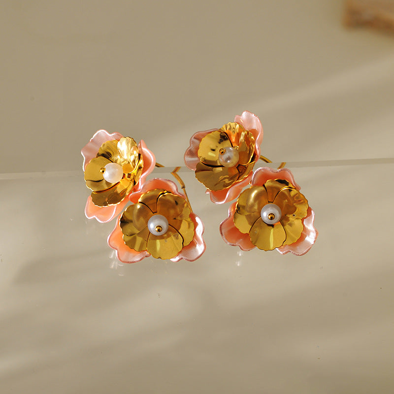Gold Flower Petal Earrings – Retro Stainless Steel Studs for Women