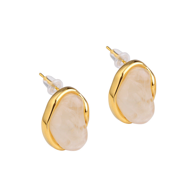Vintage Amber Geometric Stud Earrings – 18K Gold Electroplated Copper Luxury Jewelry for Women