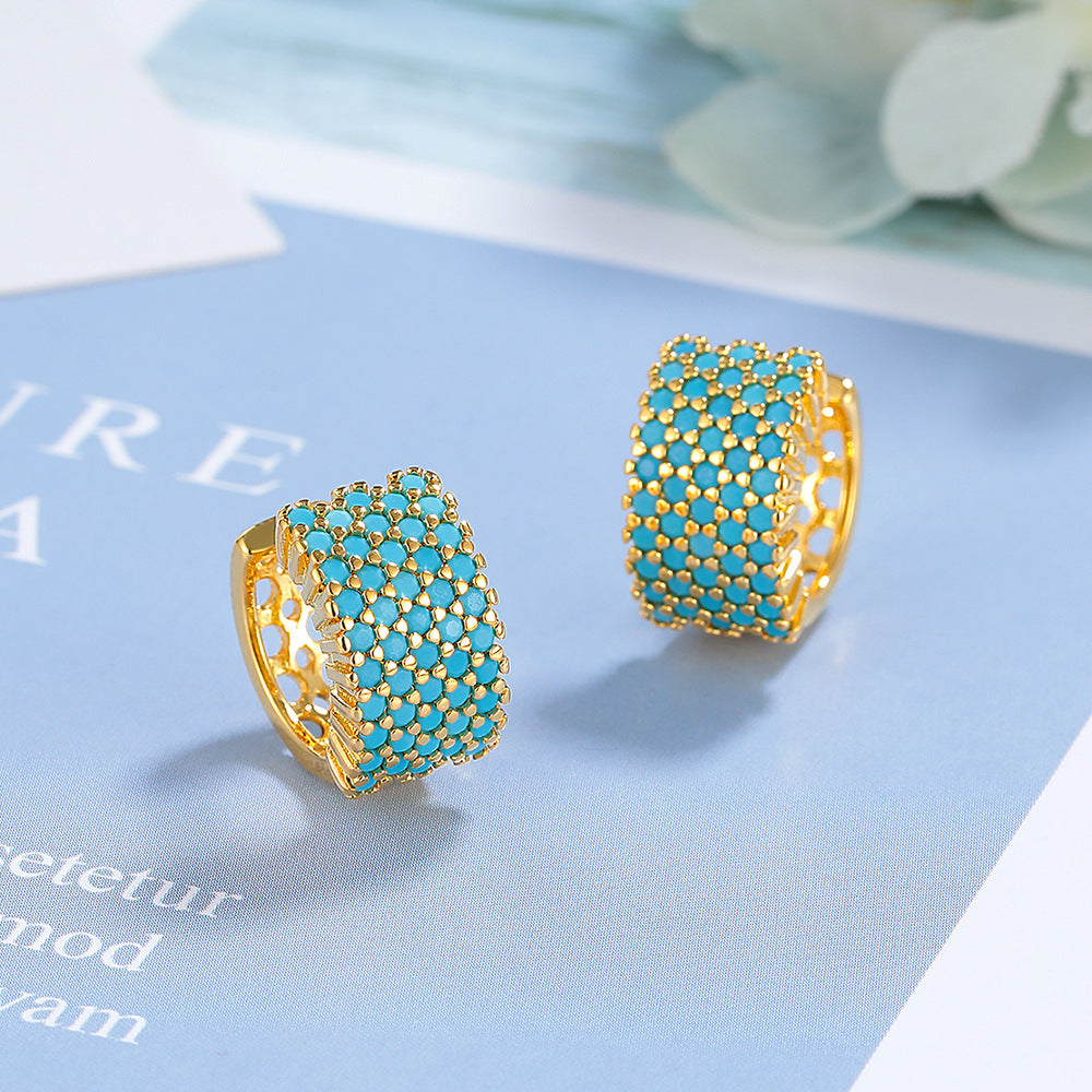 Turquoise Zircon Wide Band Hoop Earrings – Gold & Silver Electroplated Copper Luxury Jewelry for Women