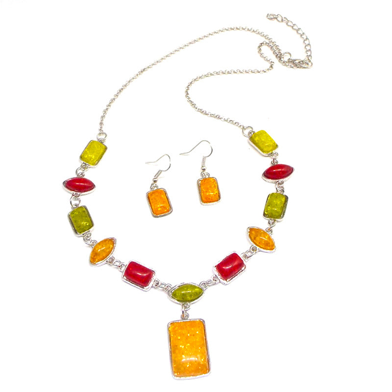 Imitation Amber Jewelry Set – Earrings & Necklace, Gem-Inlaid, European Style, Women's