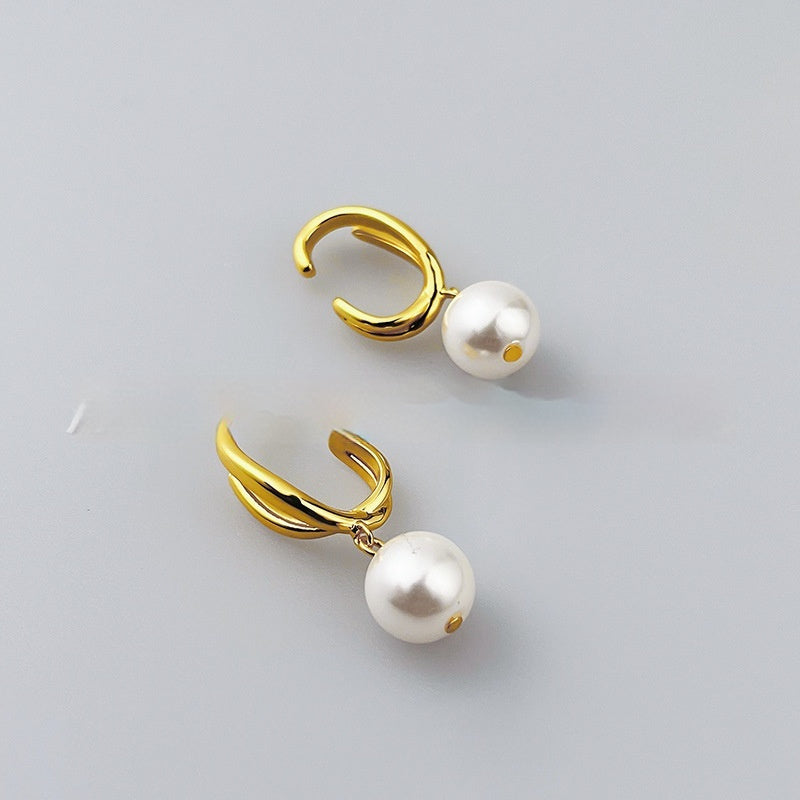 C-Shaped Pearl Drop Earrings – Geometric Gold Brass Statement Piece