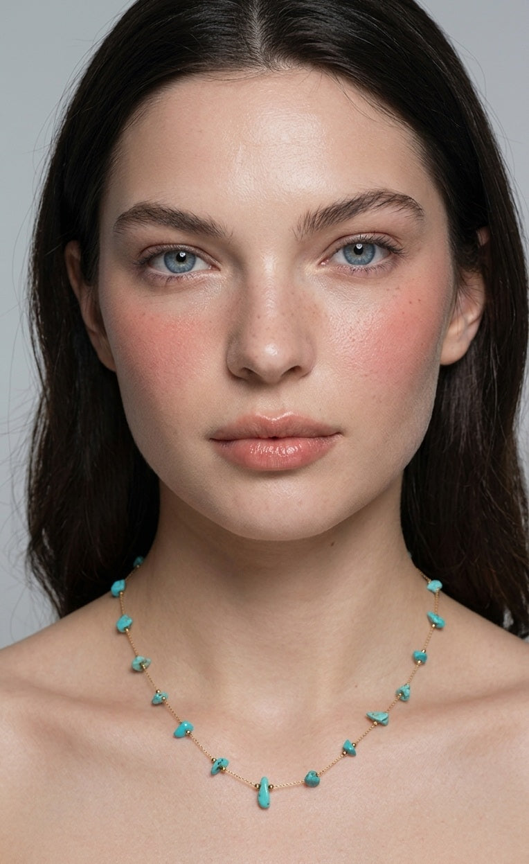 Natural Turquoise Gold-Tone Necklace — Titanium Steel O-Link Chain