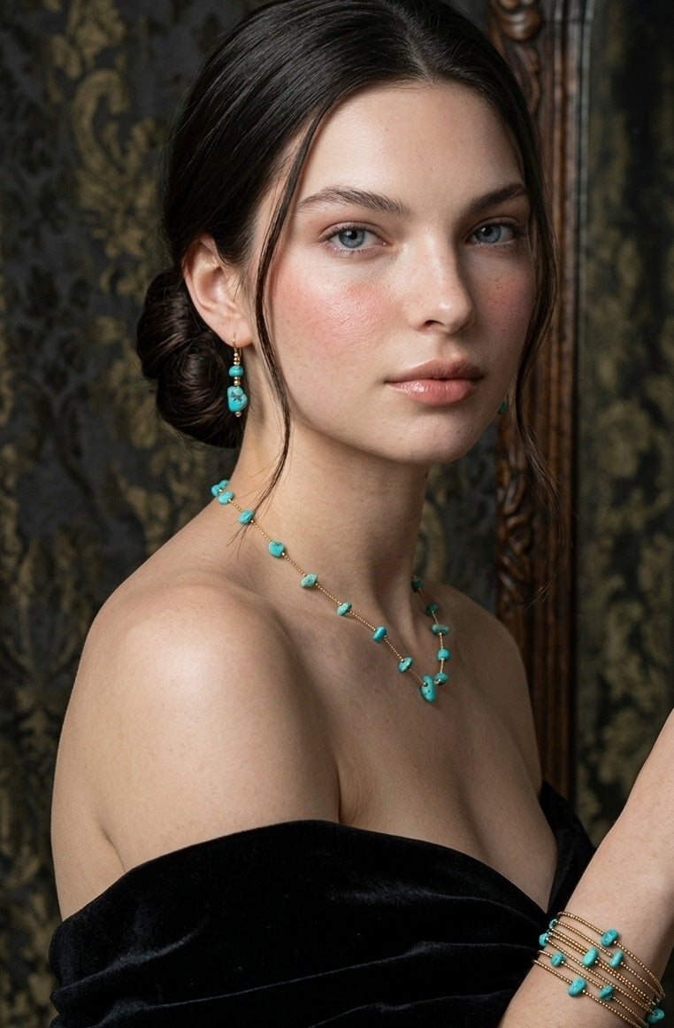 Natural Turquoise Gold-Tone Necklace — Titanium Steel O-Link Chain