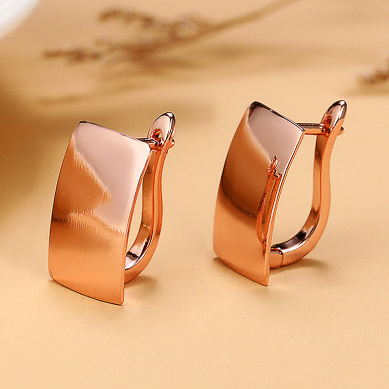 Rose Gold Rectangular Ear Clips – Geometric Copper Huggie Earrings for Women