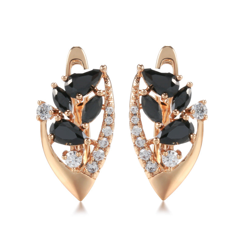 Rose Gold Black Agate Flower Drop Earrings – S585 Copper Geometric Luxury Jewelry for Women