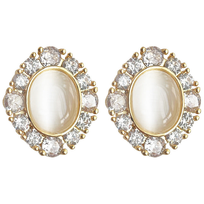 Gold Glass Opal Oval Ear Clips – Micro Inlay CZ Affordable Luxury Earrings for Women