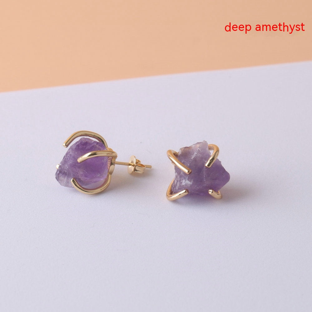Gold Four-Claw Raw Crystal Stud Earrings – Electroplated Copper Natural Stone Luxury Jewelry for Women