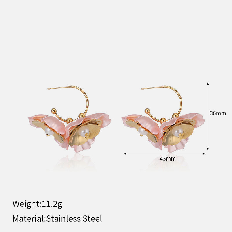 Gold Flower Petal Earrings – Retro Stainless Steel Studs for Women